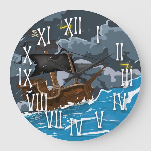 Reloj Redondo Grande Barco pirata en tormenta (Anverso)