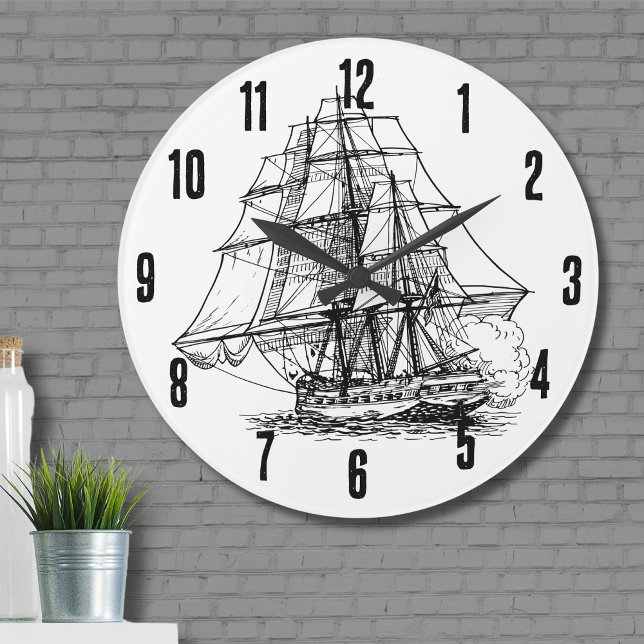 Reloj Redondo Grande Barco pirata nautical blanco simple (Simple Black White Nautical Boat Pirate Ship Large Clock)