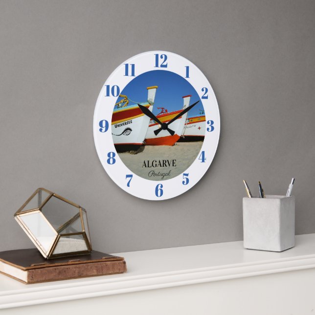 Reloj Redondo Grande Barcos de pesca en la foto de playa del Algarve (Oficina)