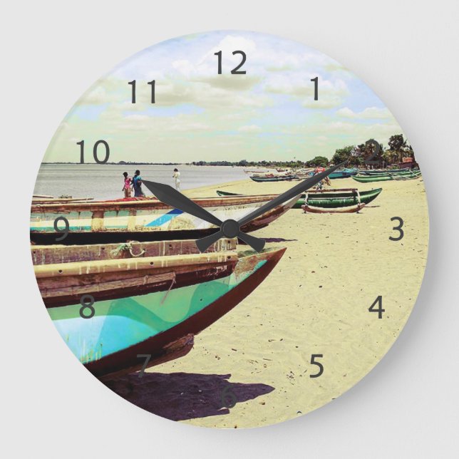 Reloj Redondo Grande Barcos en playa tropical (Anverso)