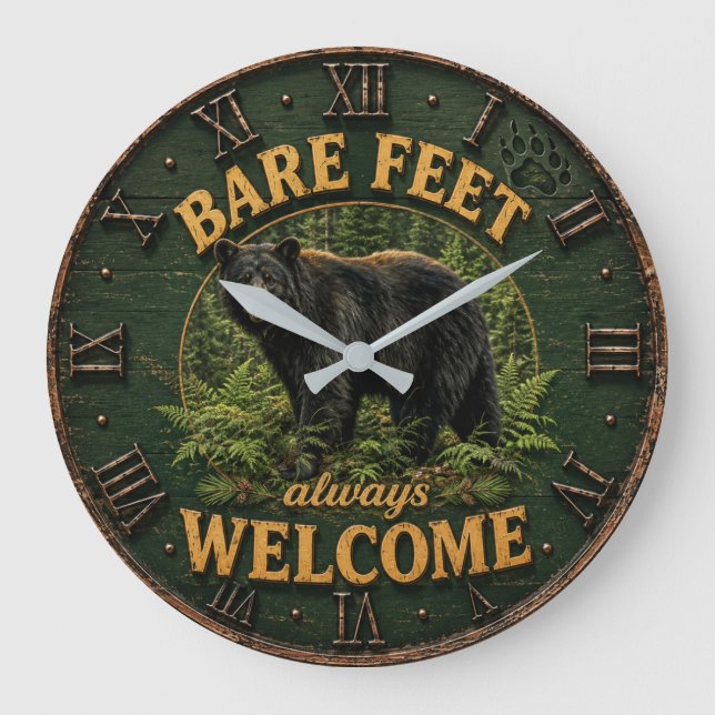 Reloj Redondo Grande Bare Feet Always Welcome Rustic Bear Cabin (Anverso)