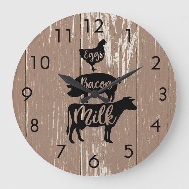 Reloj Redondo Grande Barnboard Weathered Huevos Bacon Milk Animales (Anverso)