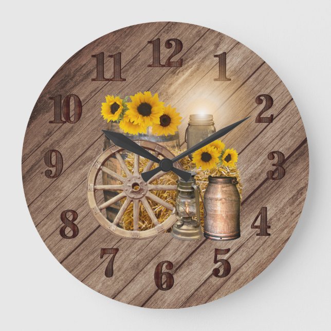 Reloj Redondo Grande Barril de madera de campo y girasoles (Anverso)
