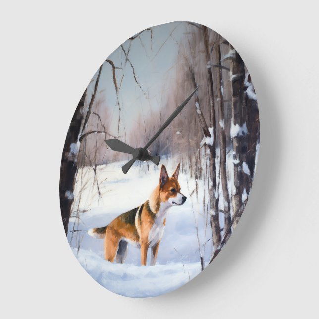 Reloj Redondo Grande Basenji Deja que nieve Navidad (Ángulo)