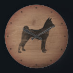 Reloj Redondo Grande Basenji Silhouette Rustic<br><div class="desc">Reloj de pared de Basenji Lover. El diseño de madera está impreso,  no de madera real.</div>