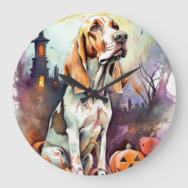 Reloj Redondo Grande Basset Hound de Halloween con calabazas Espeluznan (Anverso)