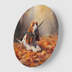 Reloj Redondo Grande Basset Hound en Otoño Hojas que Caen Inspiran