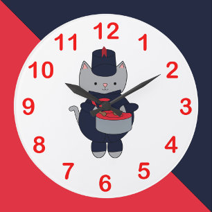 Reloj Redondo Grande Batería de Banda de Música Gato Azul Marino Rojo