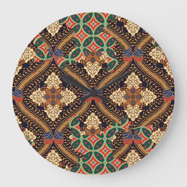 Reloj Redondo Grande Batik indonesio basado en plantas: Patrones distin (Anverso)