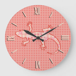 Reloj Redondo Grande batik tribal Gecko - rosa de coral y crema