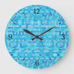 Reloj Redondo Grande Batik tribal - tonos de azul