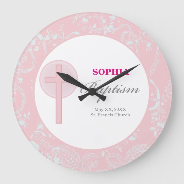 Reloj Redondo Grande Bautismo Chica de encaje rosado (Anverso)