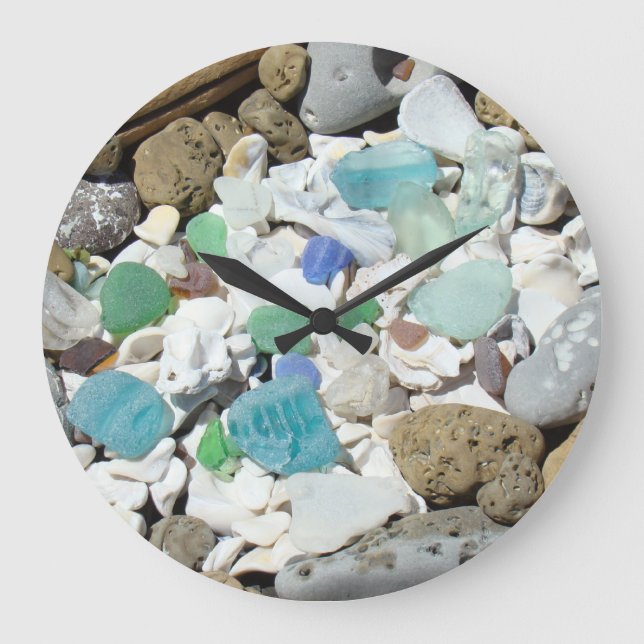 Reloj Redondo Grande Beach Clocks Blue Green Sea Glass Seashells gifts (Anverso)