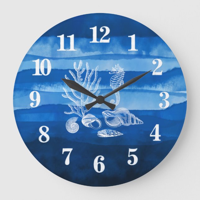 Reloj Redondo Grande Beach House Coral Seahors Blue Large Clock (Anverso)