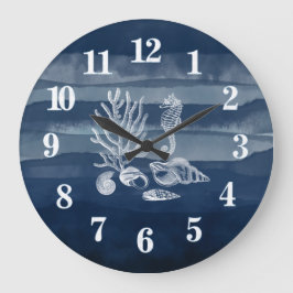 Reloj Redondo Grande Beach House Coral Seahorse Navy Blue Large Clock