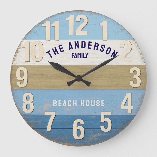 Reloj Redondo Grande Beach house family sign rustic wood (Anverso)