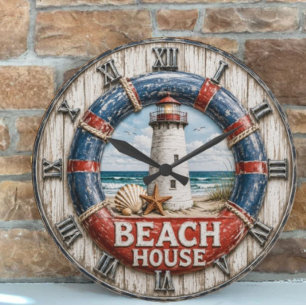 Reloj Redondo Grande Beach House Lighthouse Rustic Nautical Coastal