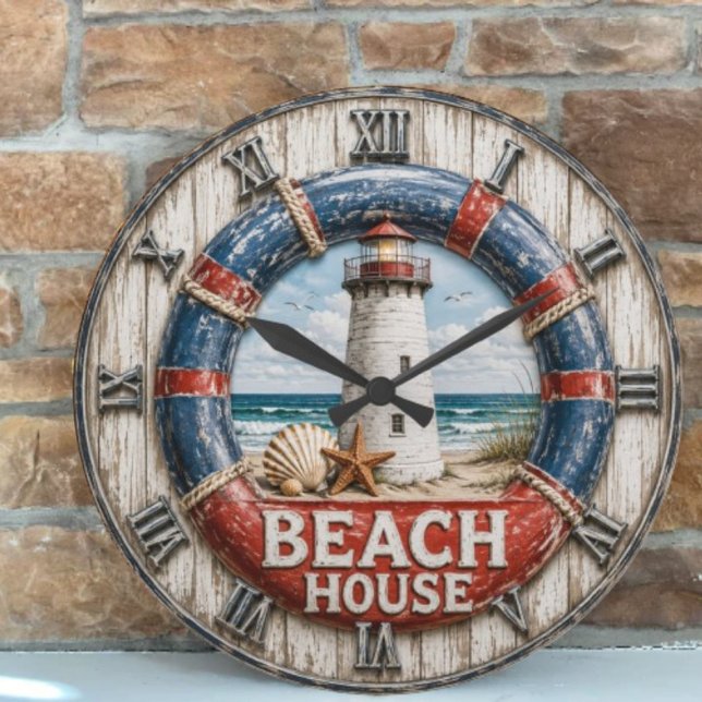 Reloj Redondo Grande Beach House Lighthouse Rustic Nautical Coastal  (Subido por el creador)