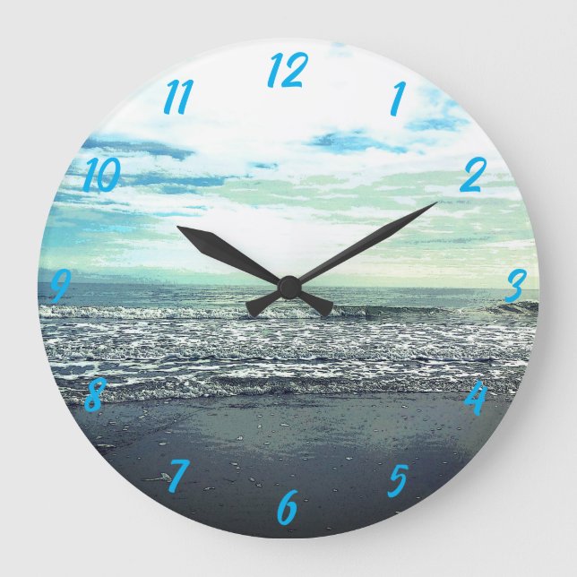 Reloj Redondo Grande Beach Ocean Sea Resumen Regalo Artístico Gris Azul (Anverso)