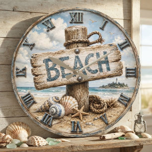 Reloj Redondo Grande Beach Sign Coastal Beach House Nautical