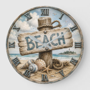 Reloj Redondo Grande Beach Sign Coastal Beach House Nautical