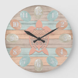 Reloj Redondo Grande Beach Wood Nautical Stripes, Sea Glass, Turtle