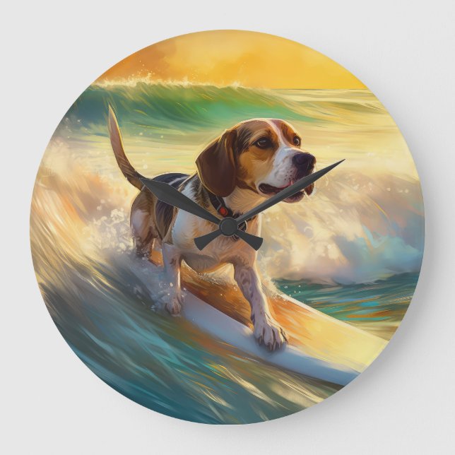Reloj Redondo Grande Beagle Beach Surfing Painting (Anverso)