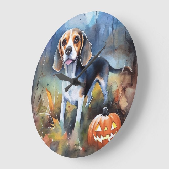 Reloj Redondo Grande Beagle de Halloween con calabazas aterradoras (Ángulo)
