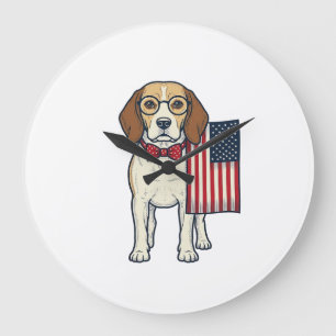 Reloj Redondo Grande Beagle Patriótico con Bandera Arte Vectorial Vinta