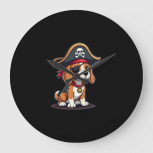 Reloj Redondo Grande Beagle Pirate Costume Jolly Roger Bandera Cruz de 