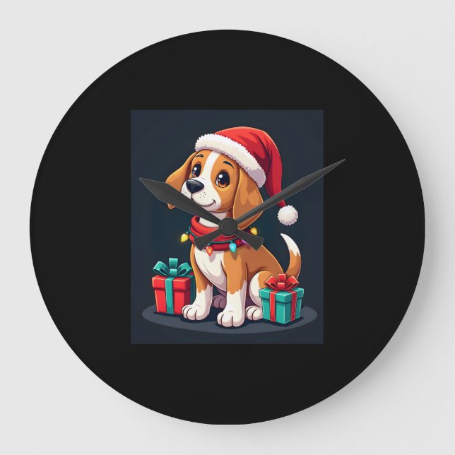 Reloj Redondo Grande Beagle Xmas Encendiendo A Navidades De Perro De Sa (Anverso)