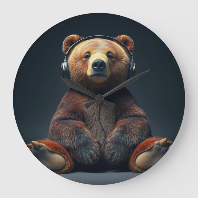 Reloj Redondo Grande Bear Wearing Headphones (Anverso)