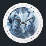 Reloj Redondo Grande Beautiful Horse Team Winter Photo<br><div class="desc">A clock with a photograph of a pair of horses hitched together. A snowy day and a blue filter creates a magical scene.</div>