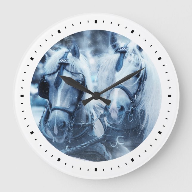 Reloj Redondo Grande Beautiful Horse Team Winter Photo (Anverso)