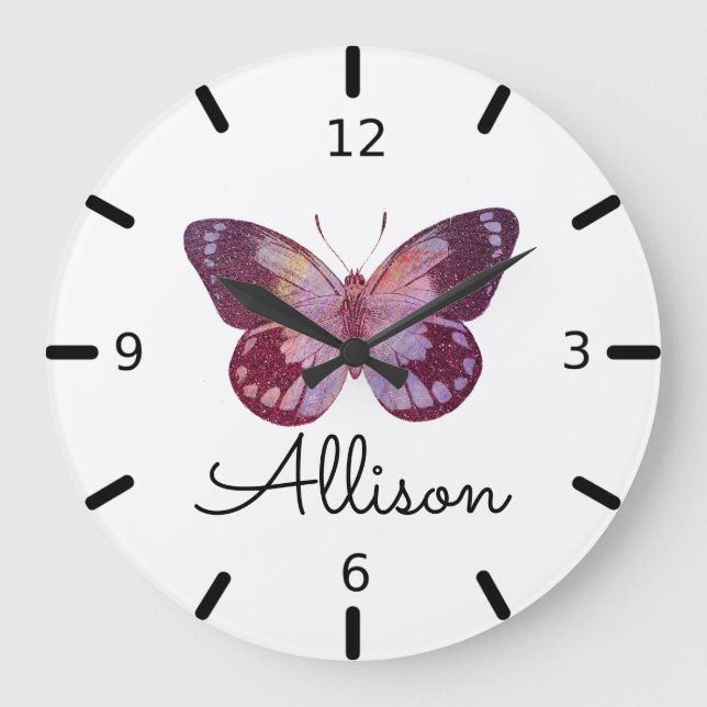 Reloj Redondo Grande Beautiful Personalized Purple Butterfly (Anverso)