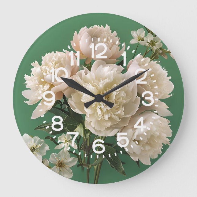 Reloj Redondo Grande Beautiful White & Pink Peonies On Green Background (Anverso)