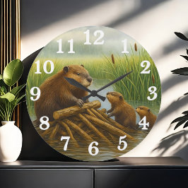 Reloj Redondo Grande Beaver family in wetland haven