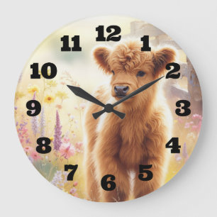 Reloj Redondo Grande Bebé Adorable Vaca Highland en Campo de Flores
