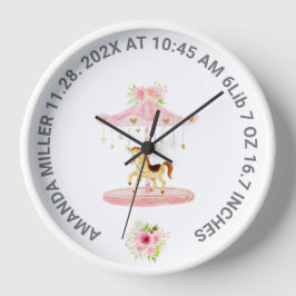 Reloj Redondo Grande Bebé con flores rosadas lindo Fecha de nacimiento 