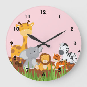 Reloj Redondo Grande Bebé de jungla rosada, animales y cerraduras de pa
