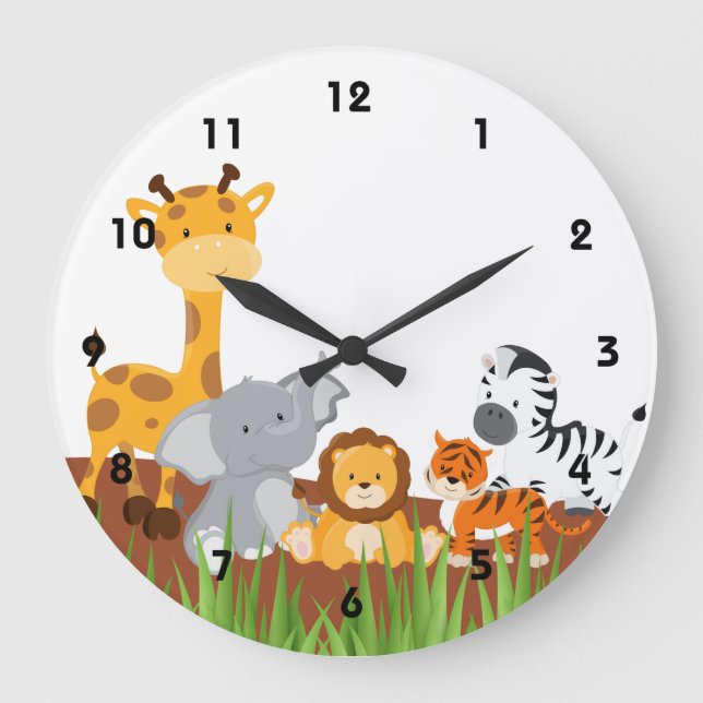 Reloj Redondo Grande Bebé de la jungla, animales, cerraduras de pared (Anverso)