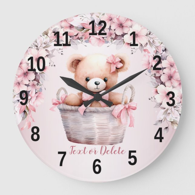 Reloj Redondo Grande Bebé de peluche Bebé Flores rosadas Elegante Chick (Anverso)