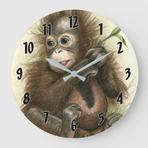 Reloj Redondo Grande Bebé del orangután con las hojas