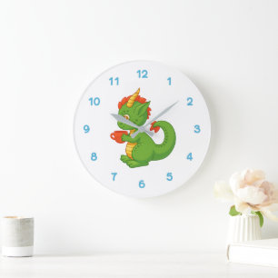 Reloj Redondo Grande Bebé dragón lindo sosteniendo taza