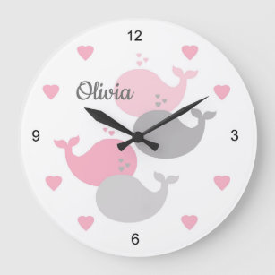Reloj Redondo Grande Bebé gris rosado ballena Niña Nursera Niños náutic