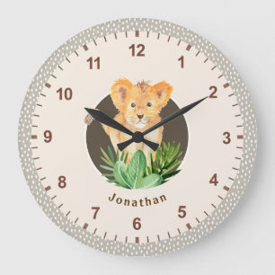 Reloj Redondo Grande Bebé Lion Wildlife Watercolor Neutral Room Decour
