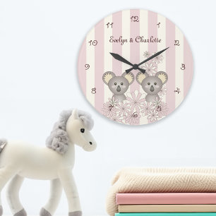 Reloj Redondo Grande Bebé rosa lindo Koala Chica de guardería gemela /