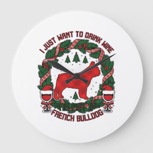 Reloj Redondo Grande Bebe Vino Bulldog Francés Perro Cuadro Rojo Navida