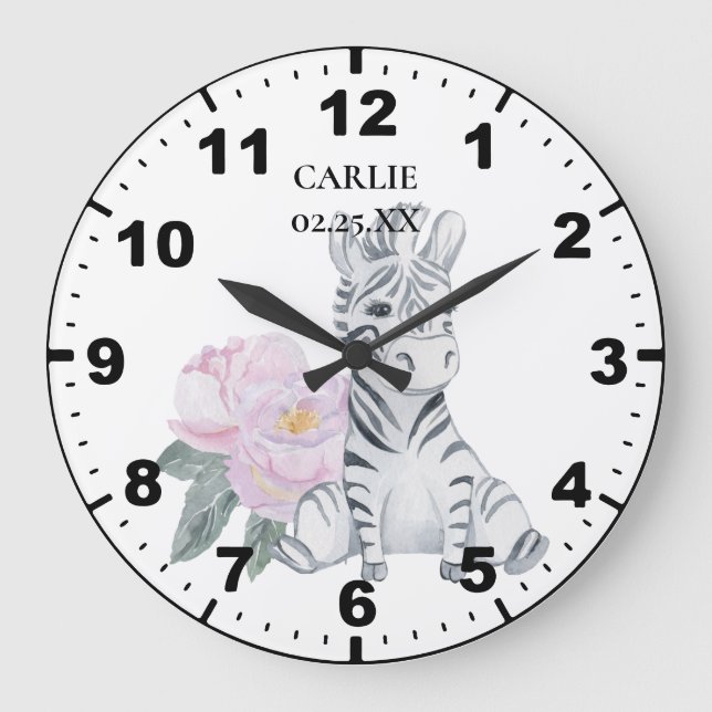 Reloj Redondo Grande Bebé Zebra Flores Rosa Niña (Anverso)