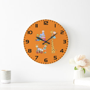 Reloj Redondo Grande Bebés Niños con Tren de Guardería Jirafa y Vagón